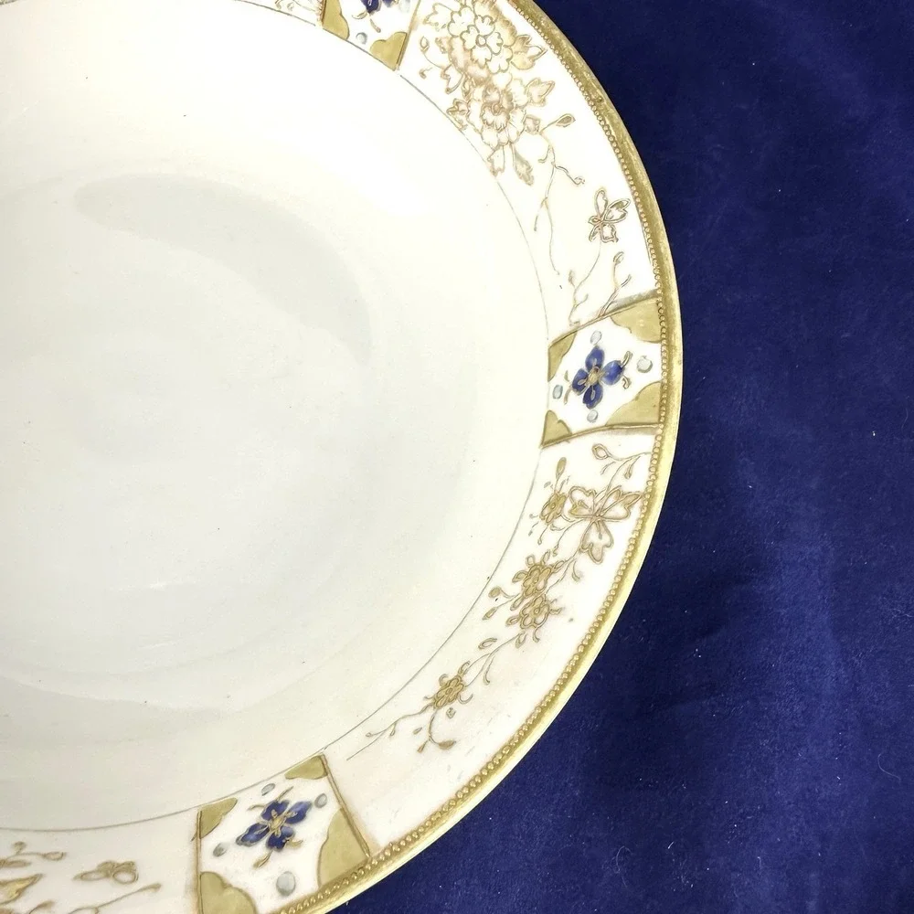 Antique Hand Painted Nippon  Bowl With Blue Flowers And Gold Accents Free Ship